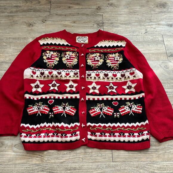 Vintage Sweater Christmas Women's Medium Holiday Cardigan Zip Embroidered Red - Picture 1 of 8